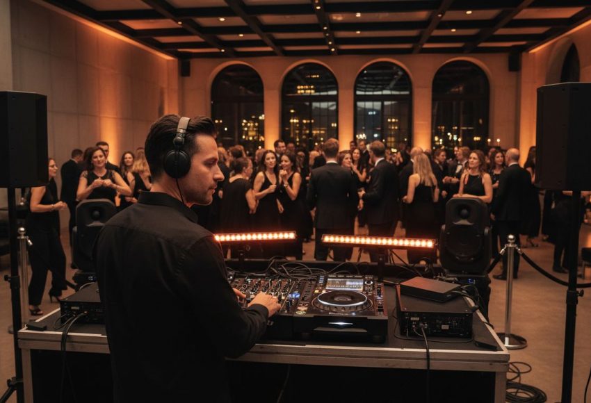 DJ, der an einem Mischpult arbeitet, während Gäste auf einer Veranstaltung tanzen.