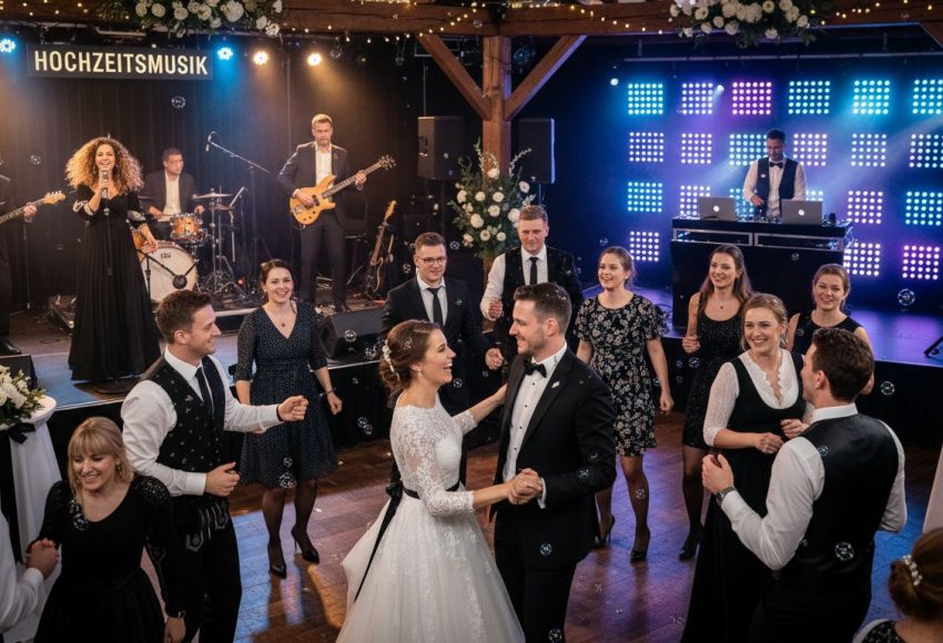 Hochzeitsfeier mit tanzenden Gästen und einer Live-Band auf der Bühne.