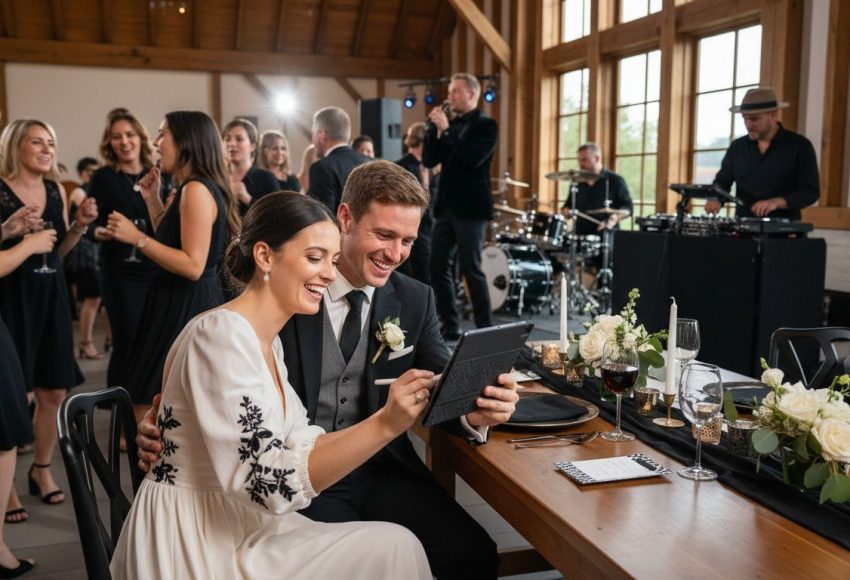 Brautpaar sitzt an einem Tisch und betrachtet ein Tablet während einer Hochzeitsfeier mit Gästen im Hintergrund.