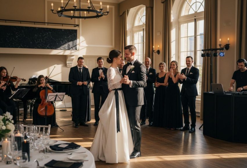 Ein Brautpaar tanzt in einem festlichen Saal, umgeben von Gästen und einer Live-Band.