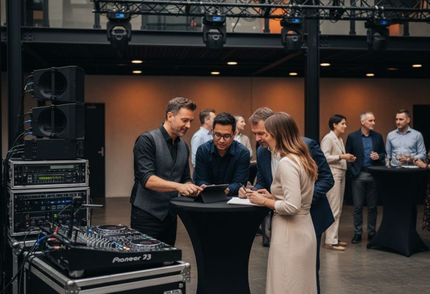 Vier Personen diskutieren an einem Stehtisch während einer Veranstaltung, im Hintergrund sind weitere Gäste zu sehen.