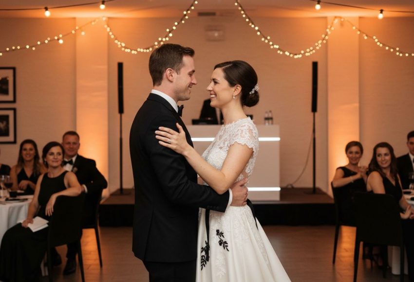Ein Brautpaar tanzt zusammen auf einer Hochzeit, umgeben von Gästen in eleganter Kleidung.