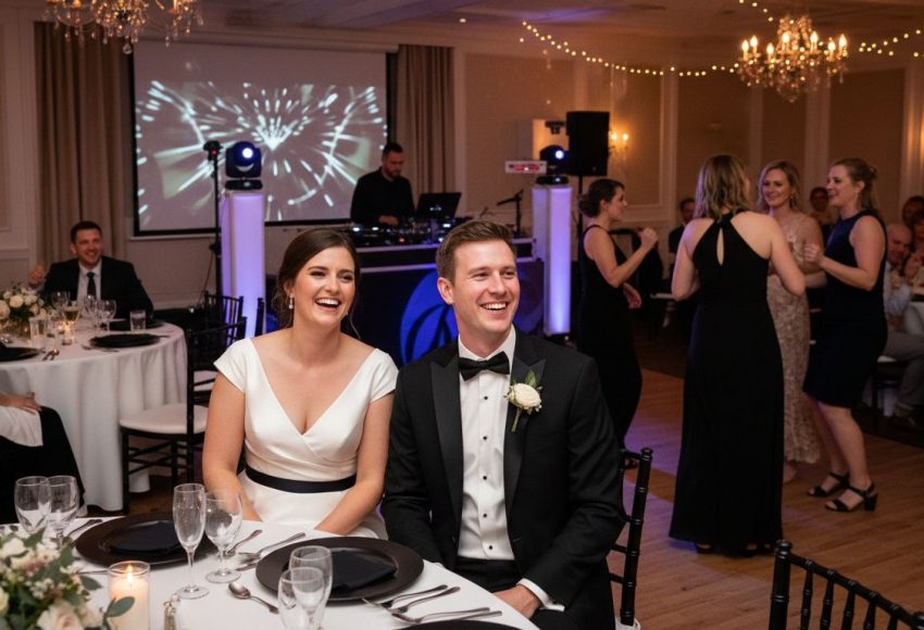 Musikkonzept Hochzeit erstellen: Leitfaden für perfekte Stimmung 1 Braut und Bräutigam sitzen an einem Tisch während einer Hochzeitsfeier mit Gästen im Hintergrund.