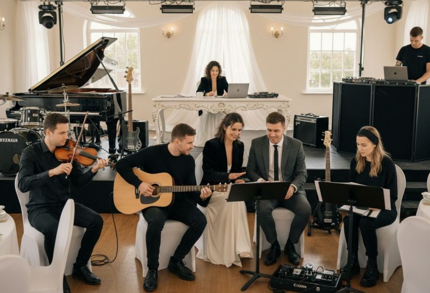 Musikgruppe mit Violine, Gitarre und Gesang in einem Veranstaltungsraum mit Bühne und Technik.