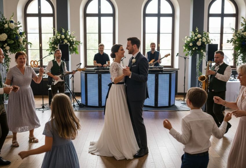 Brautpaar tanzt während der Hochzeitsfeier, umgeben von Gästen und einer Live-Band.