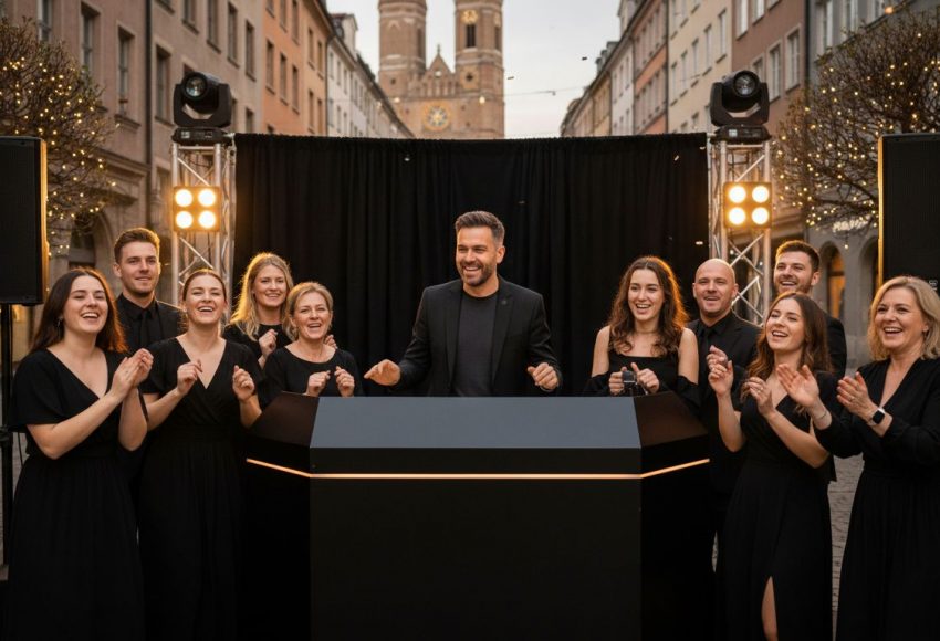 FAQ Hochzeits-DJs München: Der vollständige Guide 7 Gruppe von Hochzeits-DJs aus München in schwarzer Kleidung vor einer Bühne, moderne Ton- und Lichttechnik, festliche Außenbeleuchtung