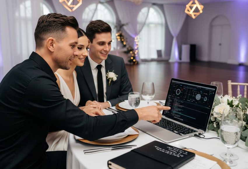 DJ zeigt dem Brautpaar auf einem Laptop die Musiksoftware während einer Veranstaltung.