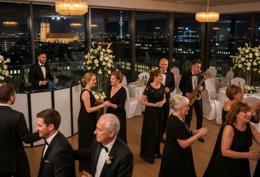 Gäste in eleganter Abendgarderobe tanzen in einem festlichen Raum mit Blumenarrangements.