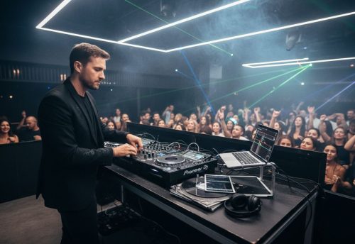Was macht einen guten DJ aus: Der komplette Leitfaden 6 DJ, der an einem Mischpult arbeitet, während das Publikum im Hintergrund tanzt und feiert.