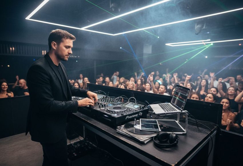DJ, der an einem Mischpult arbeitet, während das Publikum im Hintergrund tanzt und feiert.
