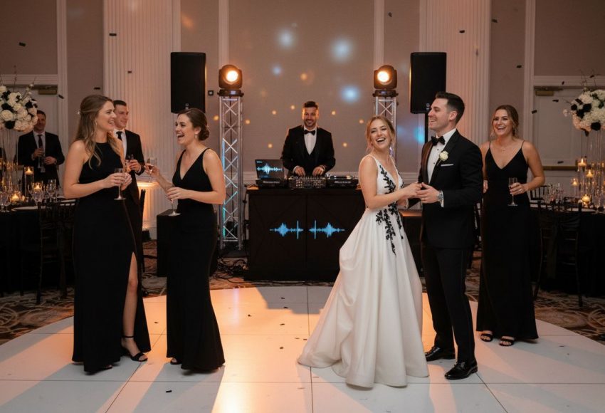 Hochzeitsfeier mit tanzenden Gästen in eleganter Kleidung und einem DJ im Hintergrund.