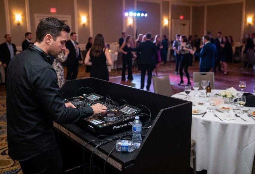 Aufgaben eines DJs auf Events: Kompletter Leitfaden 9 DJ, der an einem Mischpult arbeitet, während Gäste auf einer Veranstaltung tanzen.