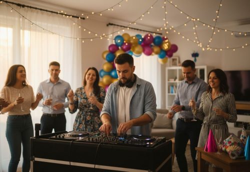 Warum DJ Für Geburtstag: Mehr Stimmung, Weniger Stress 4 DJ, der an einem Mischpult arbeitet, umgeben von Gästen bei einer Feier in einem Innenraum.