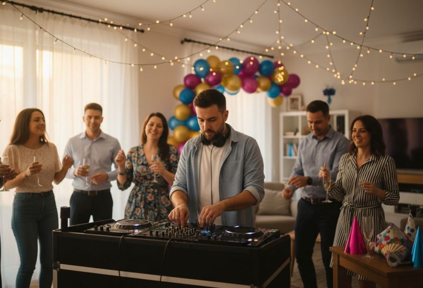 Warum DJ Für Geburtstag: Mehr Stimmung, Weniger Stress 7 DJ, der an einem Mischpult arbeitet, umgeben von Gästen bei einer Feier in einem Innenraum.