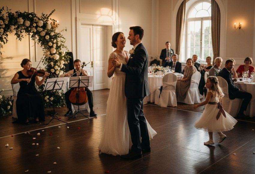 7 Arten von Hochzeitsmusik: So gelingt eure Traumfeier 4 Ein Brautpaar tanzt zusammen auf der Tanzfläche während ihrer Hochzeitsfeier, umgeben von Gästen.