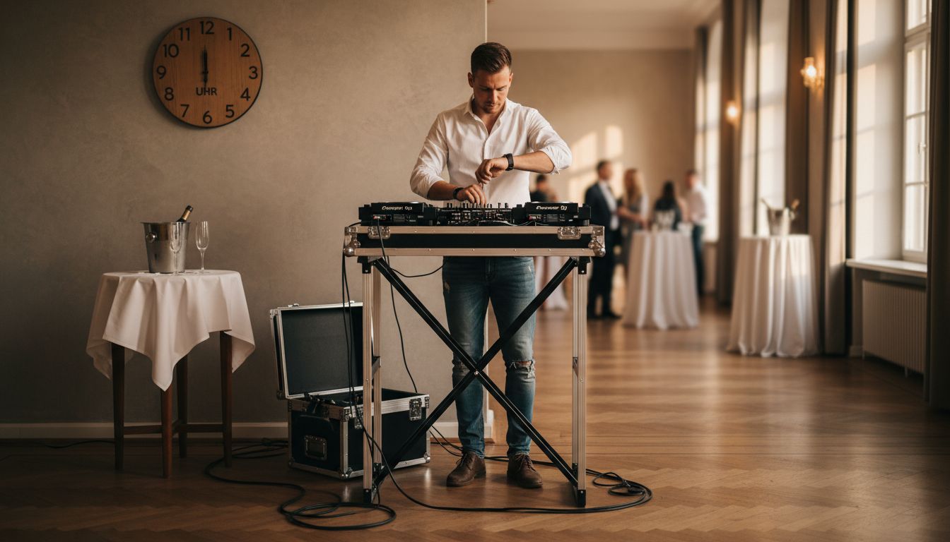 Preistransparenz bei Hochzeits-DJs: Was Paare wissen müssen 2 Der DJ baut schon frühzeitig sein Equipment auf, damit alles pünktlich zum Veranstaltungsbeginn bereitsteht.
