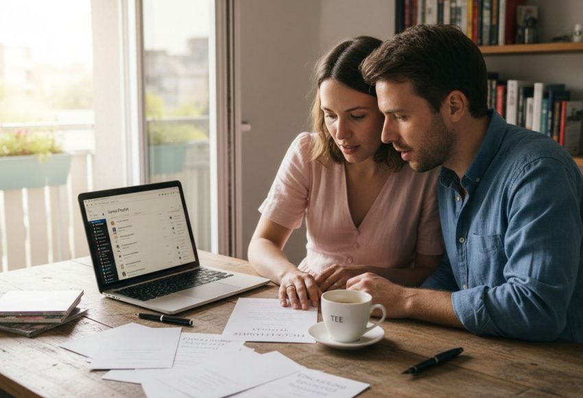 Musikwünsche für Hochzeit Guide: Perfekte Playlist erstellen 1 Ein Paar sitzt an einem Tisch und betrachtet Dokumente, während ein Laptop geöffnet ist.