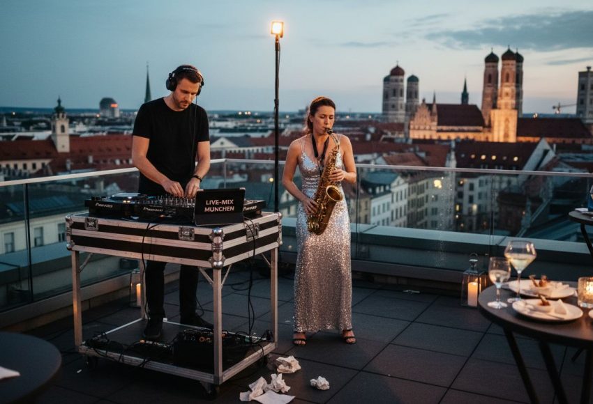 Rolle von Saxophonisten beim DJ‑Event in München 10 Ein DJ und eine Saxophonistin spielen Musik auf einer Dachterrasse in München bei Sonnenuntergang.
