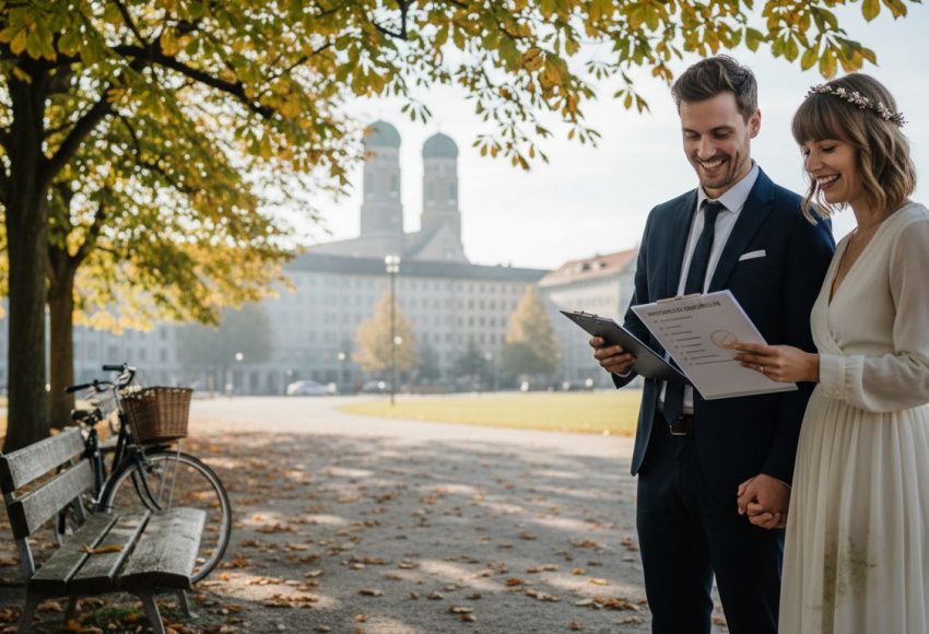 7 unverzichtbare Schritte: Hochzeit Checkliste 2025 für München 8 Ein Brautpaar steht im Park und betrachtet Dokumente, während sie sich an den Händen halten.