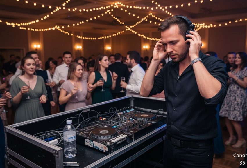 7 beliebte Anlässe für DJs: Tipps für gelungene Events 7 DJ, der an einem Mischpult arbeitet, während Gäste auf der Tanzfläche feiern und Getränke halten.