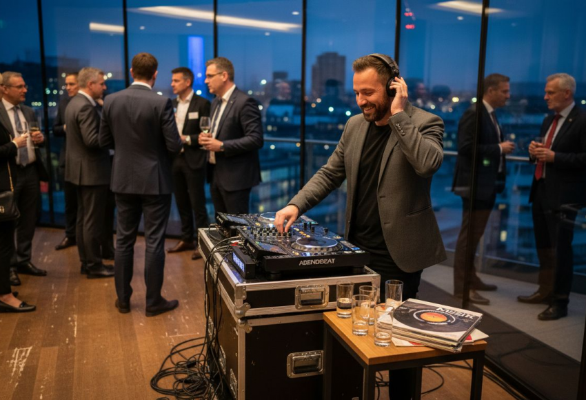 Rolle des DJs bei Firmenfeiern – Wirkung auf Events 4 DJ, der an einem Mischpult steht und Musik auf einer Veranstaltung in einem modernen Raum auflegt.