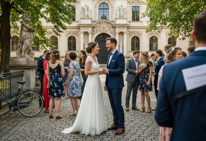 7 Arten von Hochzeitsfeiern in München erklärt 3 Ein Brautpaar steht im Freien und spricht während einer Hochzeitsfeier, umgeben von Gästen in festlicher Kleidung.