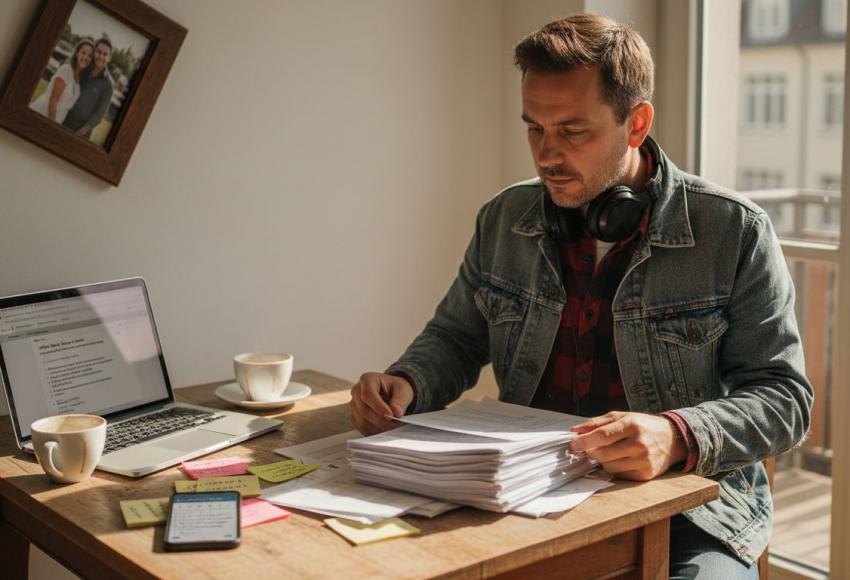 dj-anfrage workflow hochzeit: Der perfekte Ablauf erklärt 1 Mann sitzt an einem Tisch mit einem Laptop, Dokumenten und zwei Tassen Kaffee, während er Unterlagen durchblättert.