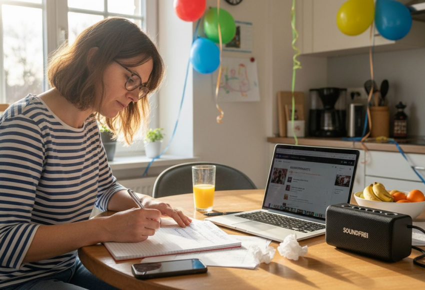 Ablauf Geburtstagsfeier Musik optimal gestalten 10 Frau mit Brille, die Notizen macht, während sie an einem Tisch mit einem Laptop und einem Lautsprecher sitzt.