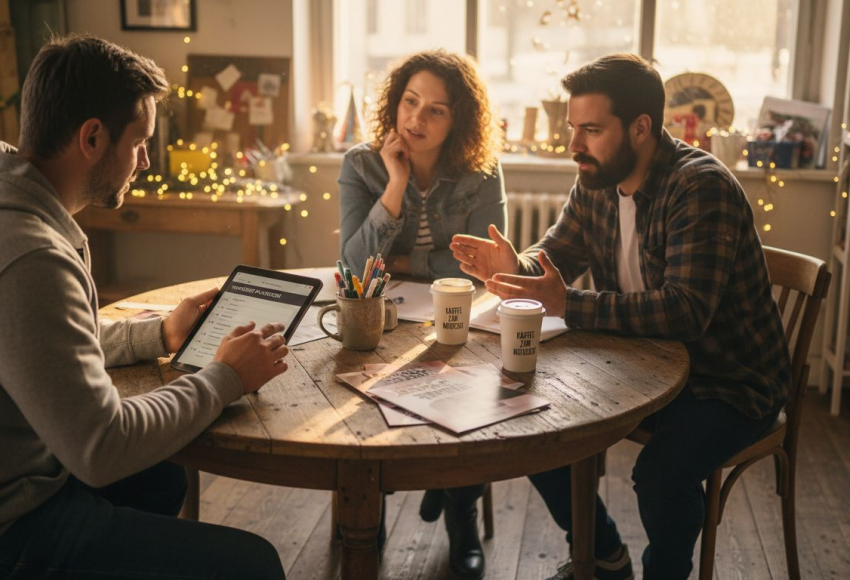 Was ist ein DJ-Angebot? Transparenz bei Eventplanung 9 Drei Personen, die an einem Tisch sitzen und an einem Projekt arbeiten, mit Laptops und Getränken vor ihnen.