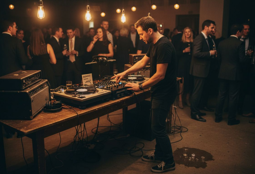 Bedeutung von Musikwünschen für Münchner Events 8 DJ, der an einem Mischpult arbeitet, während Gäste auf einer Veranstaltung im Hintergrund stehen.