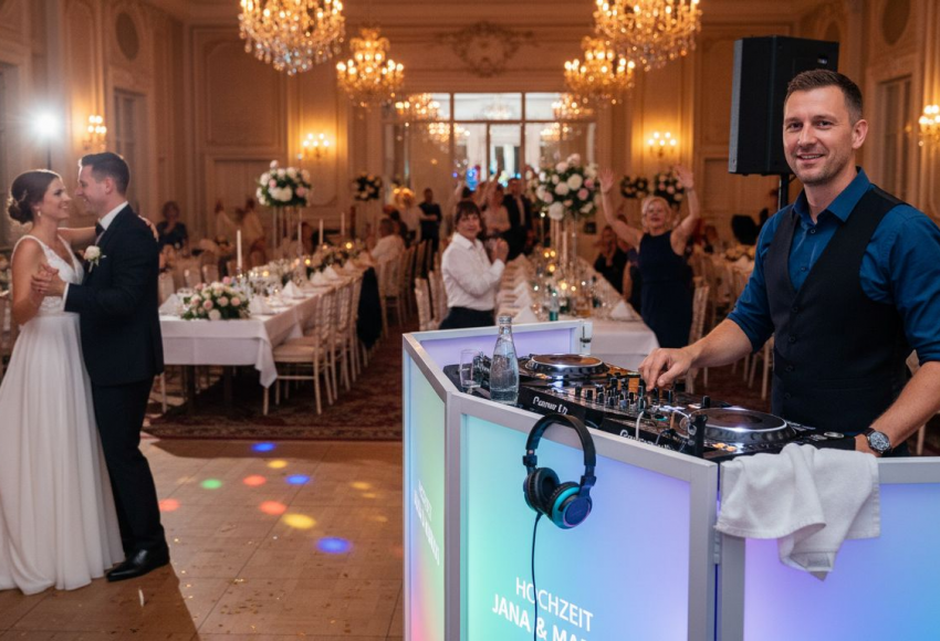 Professionellen DJ auswählen für unvergessliche Hochzeiten 7 DJ steht an einem Mischpult während eines Hochzeitsereignisses mit tanzendem Paar im Hintergrund.