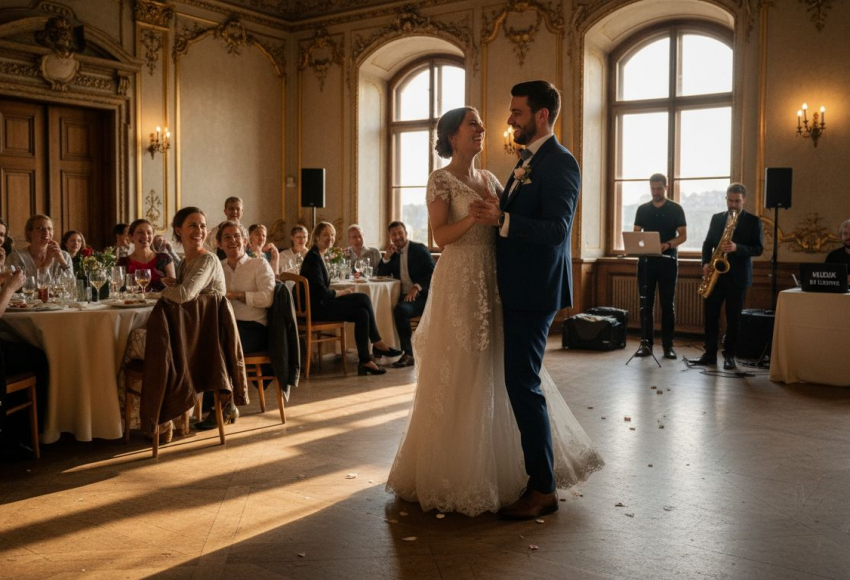 7 innovative Musiktrends für Hochzeiten 2025 in München 6 Ein Brautpaar tanzt in einem festlich dekorierten Saal während ihrer Hochzeit vor Gästen.