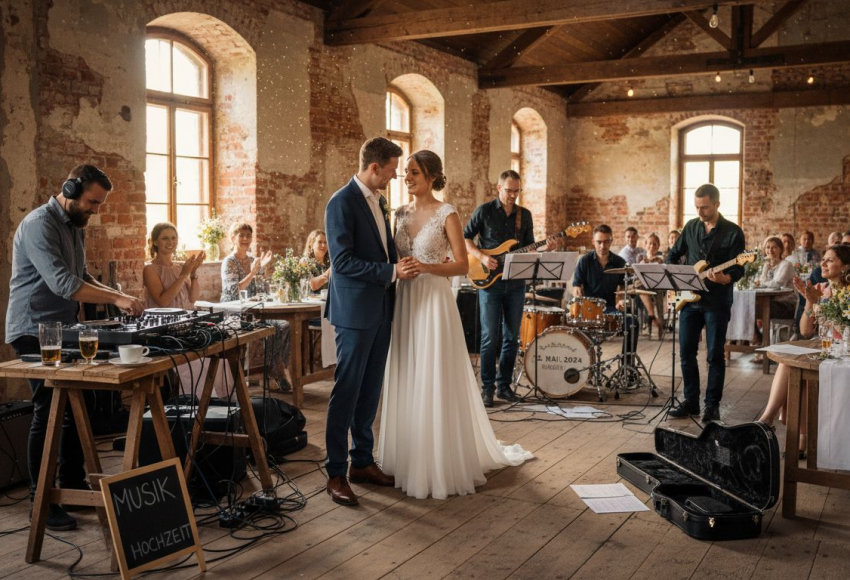 DJ versus Live-Band – Was passt zu Ihrer Hochzeit? 5 Brautpaar tanzt während einer Hochzeitsfeier, umgeben von Live-Musik und Gästen in einem rustikalen Raum.
