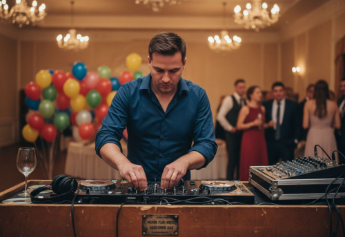 Was bedeutet Full-Service DJ für Hochzeiten? 4 DJ, der an einem Mischpult arbeitet, während eine Feier im Hintergrund stattfindet.