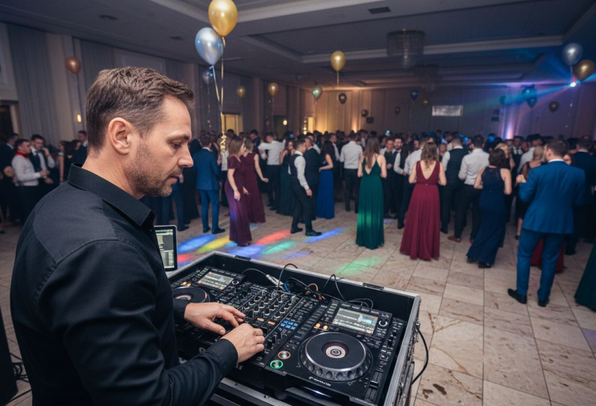 Rolle des DJs beim Jubiläum – Für unvergessliche Feiern 10 DJ, der an einem Mischpult arbeitet, während Gäste auf der Tanzfläche feiern und tanzen.