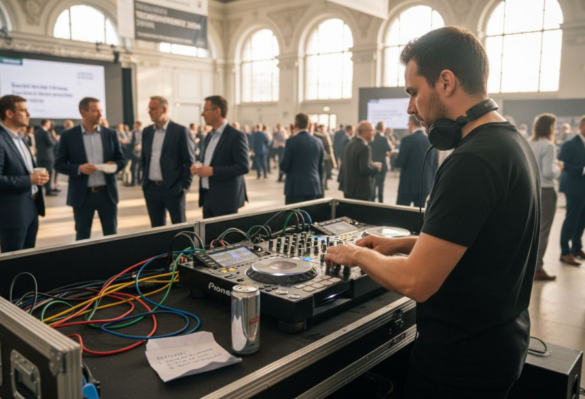 dj für messe event schritt für schritt: Erfolgreiche Eventgestaltung 9 DJ, der an einem Mischpult arbeitet, während Menschen im Hintergrund miteinander sprechen.