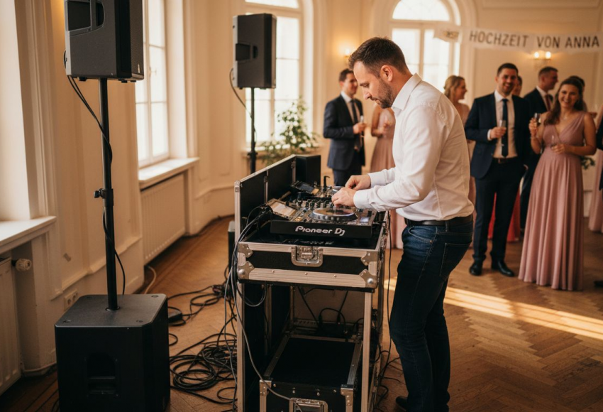 Preisgestaltung DJ-Service München – Was Sie erwartet 8 DJ, der an einem Mischpult bei einer Hochzeitsfeier in einem festlichen Raum arbeitet.
