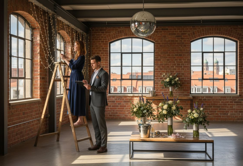 7 empfohlene Eventlocations München für unvergessliche Feiern 7 Eine Frau steht auf einer Leiter und dekoriert mit Lichtern, während ein Mann am Tisch mit Blumen und Getränken arbeitet.
