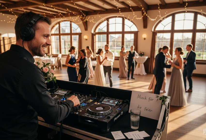 DJ-Buchung Ablauf: So gelingt Ihre Hochzeit in München 6 DJ, der an einem Mischpult arbeitet, während Gäste im Hintergrund tanzen und feiern.