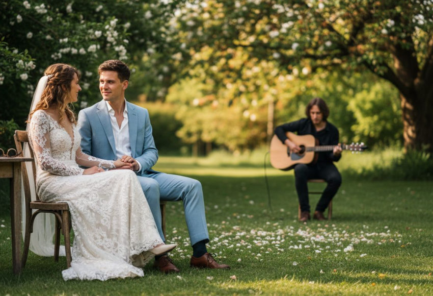 Unterschiede freie Trauung Musik – Persönlicher Klang für Paare 5 Braut und Bräutigam sitzen auf Stühlen im Freien, während ein Musiker mit Gitarre spielt.