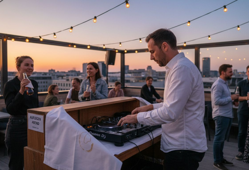 Private vs. Firmenfeier DJ – So wählen Sie richtig 4 Ein DJ spielt Musik auf einer Dachterrasse während einer Veranstaltung bei Sonnenuntergang.