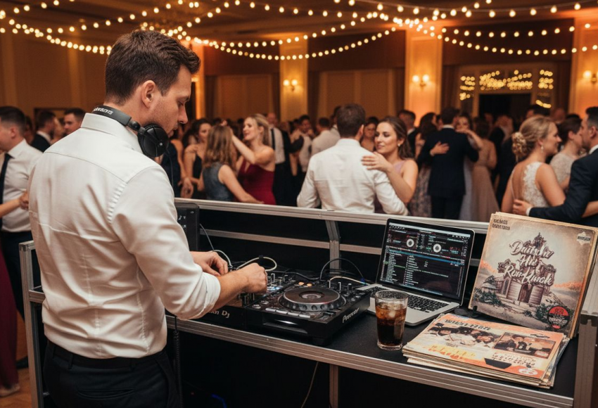 7 Vorteile von Event DJs für unvergessliche Hochzeiten 3 DJ, der an einem Mischpult arbeitet, während Gäste auf der Tanzfläche tanzen.