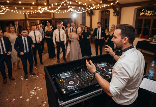 Was ist ein DJ-Set? Musik-Konzept für Hochzeiten 6 DJ, der an einem Mischpult steht, während Gäste auf der Tanzfläche tanzen und feiern.