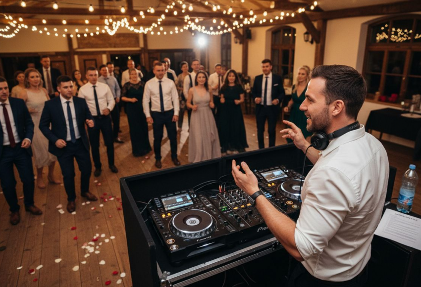 Was ist ein DJ-Set? Musik-Konzept für Hochzeiten 2 DJ, der an einem Mischpult steht, während Gäste auf der Tanzfläche tanzen und feiern.