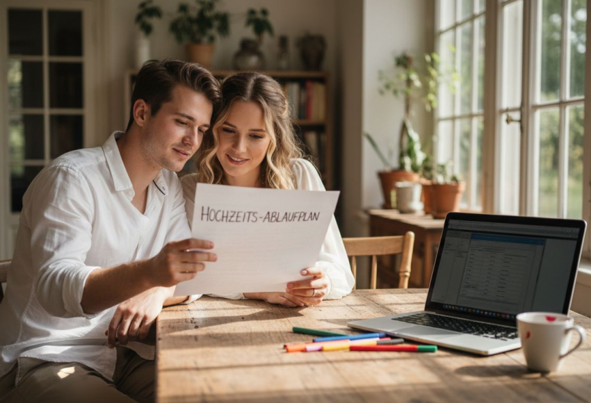Ablaufplan Hochzeitsfeier erstellen: Leitfaden für Ihren perfekten Tag 3 Ein Paar betrachtet einen Hochzeitsablaufplan auf einem Tisch, umgeben von Stiften und einem Laptop.