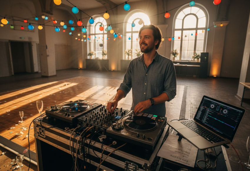 DJ-Setup für Hochzeiten – Was Brautpaare wissen sollten 2 Ein DJ steht an einem Mischpult mit Plattenspielern und Laptop in einem festlich dekorierten Raum mit Lichtern.