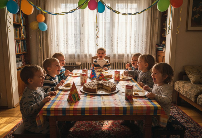 7 Must-haves Geburtstagsfeier für Kinder in München 1 Gruppe von Kindern, die an einem Tisch mit Geburtstagskuchen und Snacks sitzen, umgeben von Luftballons und Partyhüten.
