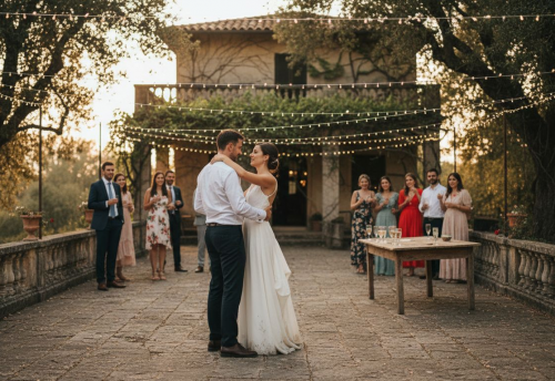 Personalisierte Musik für Paare: Unvergessliche Hochzeitsmomente 6 Paar tanzt auf einer Terrasse während einer Hochzeit, umgeben von Gästen und Lichtern.