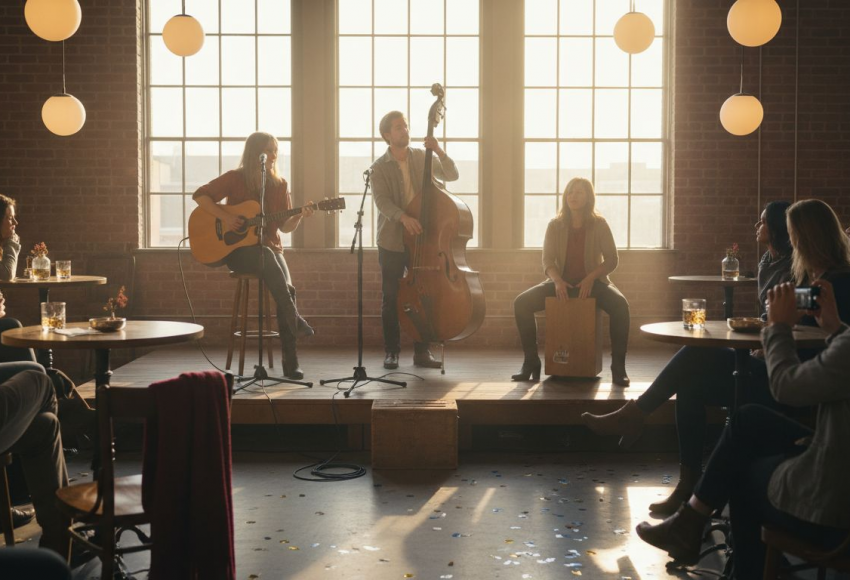 Live-Musik bei Events: Mehrwert für Ihr Eventkonzept 9 Drei Musiker, die auf einer Bühne in einem Raum mit großen Fenstern auftreten, während das Publikum zuschaut.