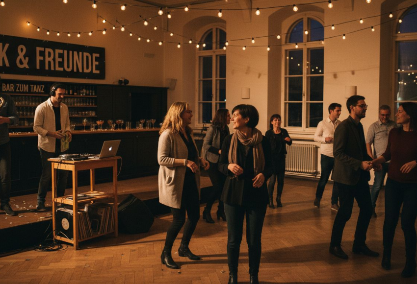 7 Musikgenres für Events: Passende Sounds für jede Feier 8 Gruppe von Menschen, die in einem festlichen Raum mit Lichtern tanzen und Musik genießen.